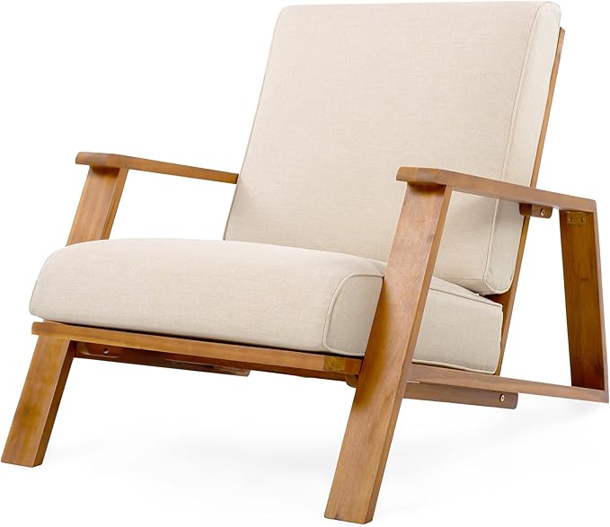 Christopher Knight Home Smeb Lounge Chair Outdoor with Cushions, Acacia Wood Adirondack Chair, Slatted Design Side Chair, Extra Seating for Balcony Backyard Poolside Garden, Teak + Beige