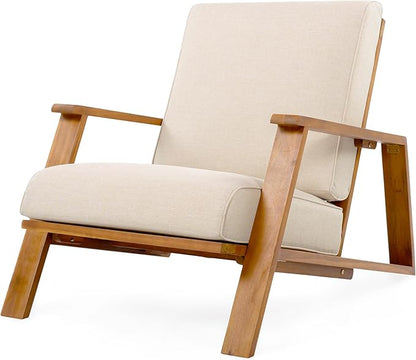 Christopher Knight Home Smeb Lounge Chair Outdoor with Cushions, Acacia Wood Adirondack Chair, Slatted Design Side Chair, Extra Seating for Balcony Backyard Poolside Garden, Teak + Beige