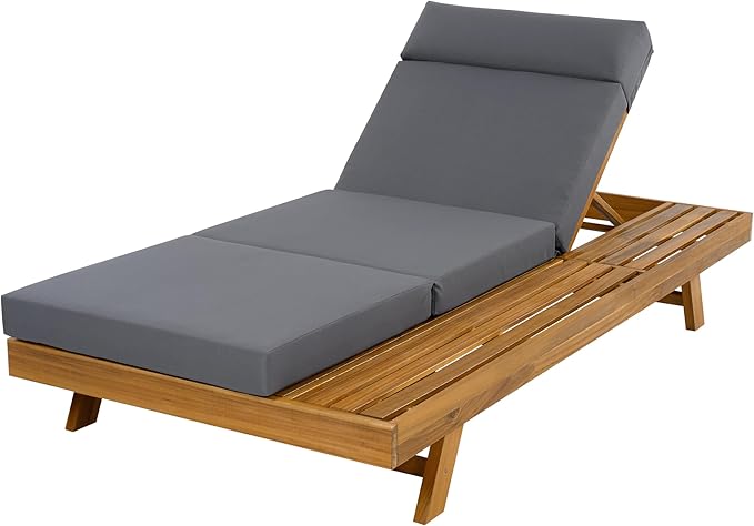 Merax Acacia Wood Chaise Lounge Chair Outdoor Set of 2, Patio Recliner with 4 Position Adjustable Backrest and 4" Thick Four-fold Cushion