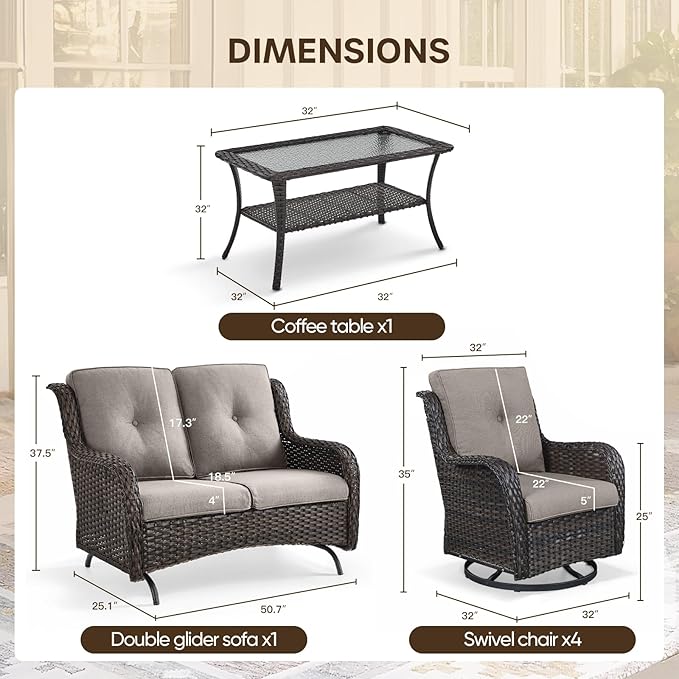 Patio Loveseat Glider Set, Resin Wicker Loveseat Glider with 2 Swivel Patio Chiars and Coffee Table, 4 Piece Patio - Photo 7