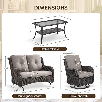 Patio Loveseat Glider Set, Resin Wicker Loveseat Glider with 2 Swivel Patio Chiars and Coffee Table, 4 Piece Patio Bistro Set Furniture Set Loveseat Set, Brown Wicker|Grey Cushions