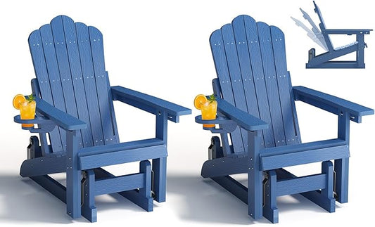 HDPE Outdoor Glider Chair Set of 2,3-Position Adjustable Backrest Patio Glider, All-Weather Glider Rocker Chair with Cup Holders,Porch Glider for Outside,Deck,Fire Pit, Poolside,400LBS Capacity (Blue)