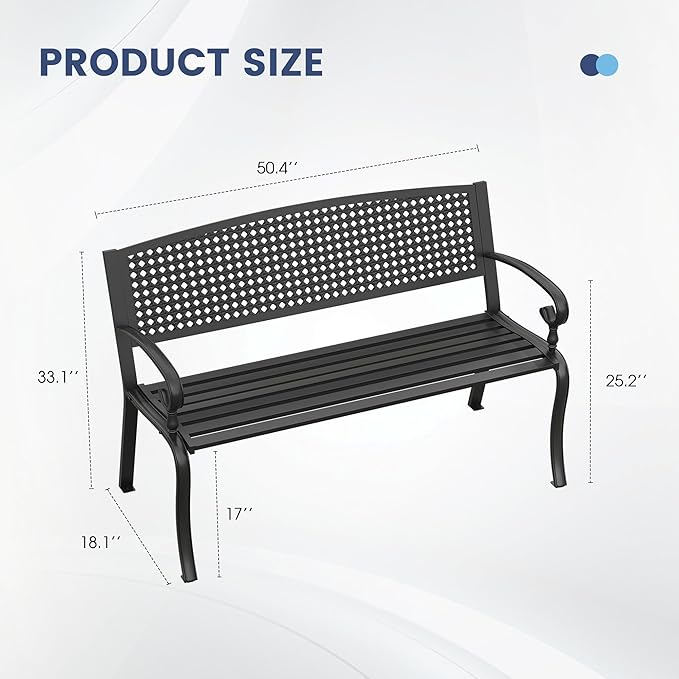 VICLLAX Outdoor Garden Bench, Metal Frame Patio Bench with Twist Circle Design Backrest for Porch Yard Lawn Deck, Black