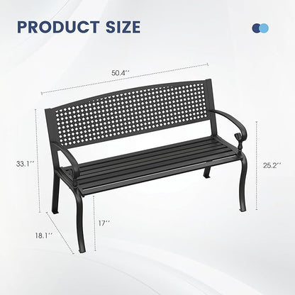 VICLLAX Outdoor Garden Bench, Metal Frame Patio Bench with Twist Circle Design Backrest for Porch Yard Lawn Deck, Black
