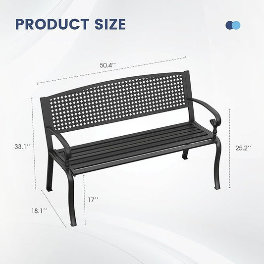 VICLLAX Outdoor Garden Bench, Metal Frame Patio Bench with Twist Circle Design Backrest for Porch Yard Lawn Deck, Black