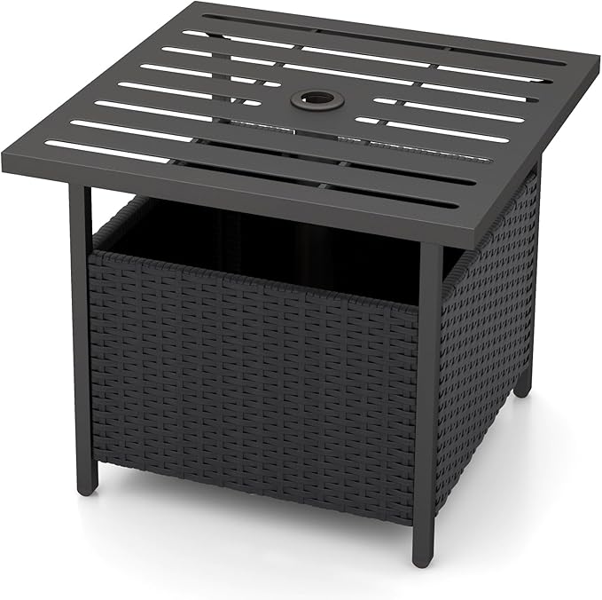 Giantex Outdoor Side Table with Umbrella Hole, 22" Wicker Umbrella Stand Holder and Base, Weather-Resistant PE Rattan Patio End Table for Deck Garden Poolside (Metal Tabletop, Black)