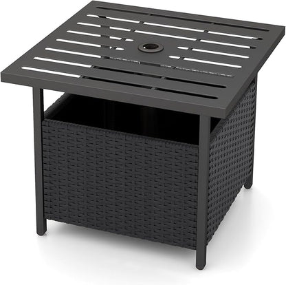 Giantex Outdoor Side Table with Umbrella Hole, 22" Wicker Umbrella Stand Holder and Base, Weather-Resistant PE Rattan Patio End Table for Deck Garden Poolside (Metal Tabletop, Black)