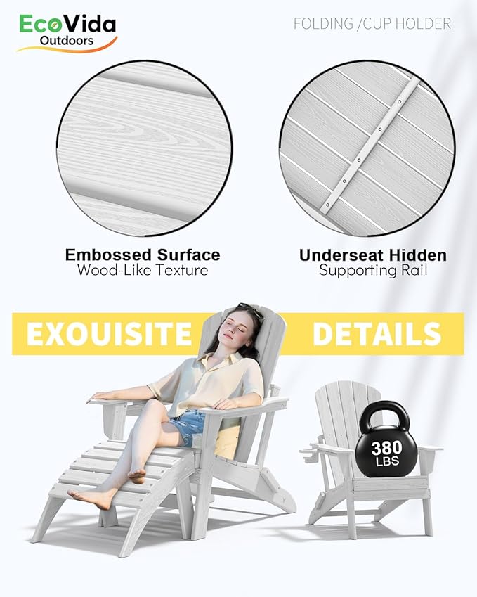 Oversized Folding Adirondack Chair - HDPE All-Weather Outdoor Chair with Cup Holder, 380LB Weight Capacity, UV Protected, White