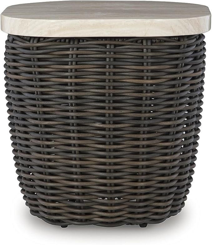 Signature Design by Ashley Kimora Cottage Faux Marble Pattern Tabletop Outdoor End Table with Pedestal Base, Dark Brown & Beige