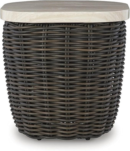 Signature Design by Ashley Kimora Cottage Faux Marble Pattern Tabletop Outdoor End Table with Pedestal Base, Dark Brown & Beige