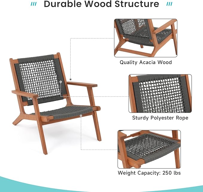 Verano Garden Modern Acacia Wood Lounge Chair Set of 2, Accent Armchair with Handwoven Rope for Living Room, Bedroom - Photo 3