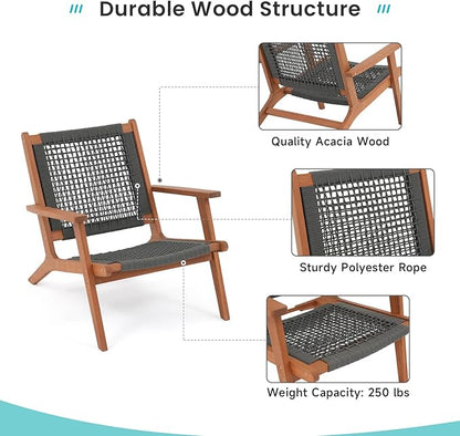 Verano Garden Modern Acacia Wood Lounge Chair Set of 2, Accent Armchair with Handwoven Rope for Living Room, Bedroom, Patio, Balcony-Beige/Black (Grey)