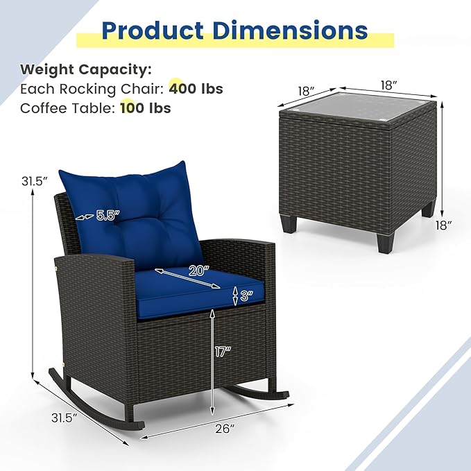 Tangkula 3 Piece Wicker Rocking Set, Patio Rattan Roker Chairs with Tempered Glass Table & Soft Cushions - Photo 7