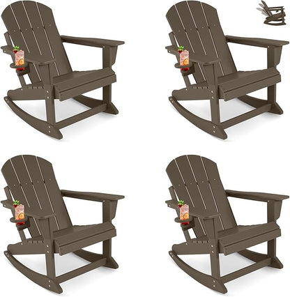 Outdoor Rocking Chairs Set of 4, HDPE Poly All-Weather Patio Rocking Chairs with Cup Holder for Adults, Porch Rocker for Deck Patio Balcony, 440lbs, Dark Brown