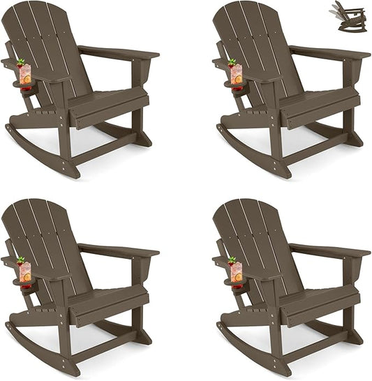 Outdoor Rocking Chairs Set of 4, HDPE Poly All-Weather Patio Rocking Chairs with Cup Holder for Adults, Porch Rocker for Deck Patio Balcony, 440lbs, Dark Brown