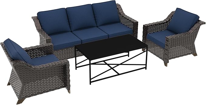 4 Pieces Outdoor Conversation Furniture Set - 77" Patio Sofa, 2 Wicker Armchairs, 1 Metal Coffee Table - Photo 5