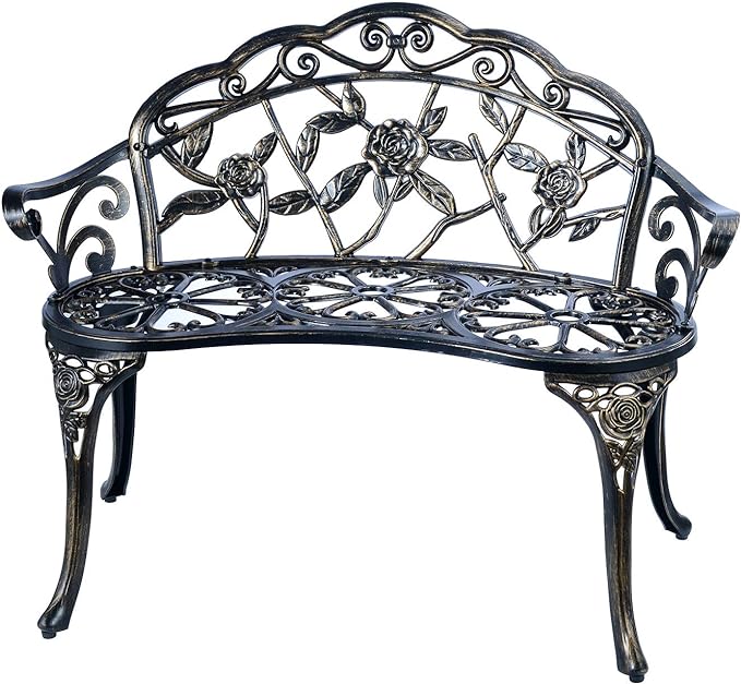 Patio Balcony Bench Double Seat, Anti-Rust Cast Aluminum Patio Garden Bench for Park Yard Outdoor Furniture Copper.1
