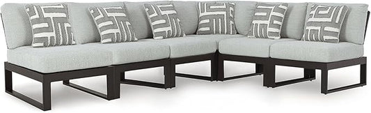 Signature Design by Ashley Beachloft Right-Arm Facing Casual 6-Piece Outdoor Sectional with Cushion and 6 Throw Pillows, Light Gray