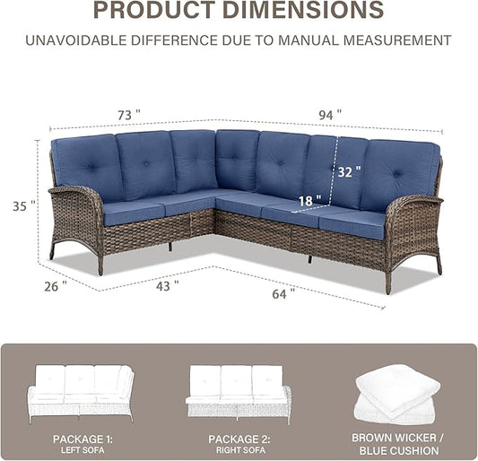 Belord 6-Seater Outdoor Sectional Sofa L Shaped Couch Patio Conversation Furniture Set, PE Wicker Patio Sectional Sofa with Removable Blue Cushion for Deck Sunroom Backyard