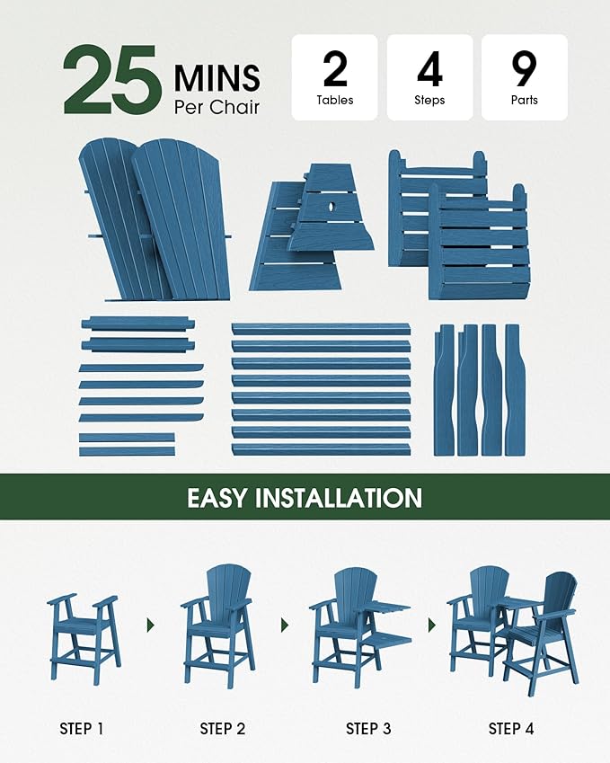 Tall Adirondack Chairs Set of 2, HDPE High Adirondack Chairs with Double Removable Trays, All Weather Outdoor Barstools for Patio, Balcony, Backyard, Deck and Garden, NavyBlue