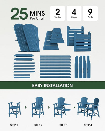 Tall Adirondack Chairs Set of 2, HDPE High Adirondack Chairs with Double Removable Trays, All Weather Outdoor Barstools for Patio, Balcony, Backyard, Deck and Garden, NavyBlue