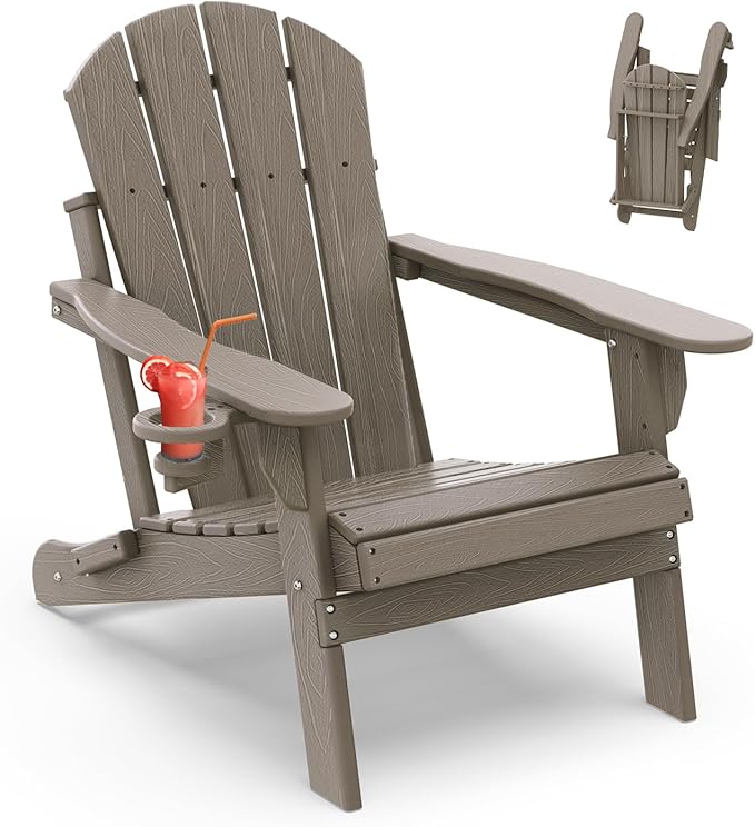 IVY&LANE Folding-Adirondack-Chair | HDPE Plastic | Wood Grain | Outdoor Fire Pit Chairs with Cup Holder | Poly | Weather Resistant | for Patio Deck Poolside Garden Beach
