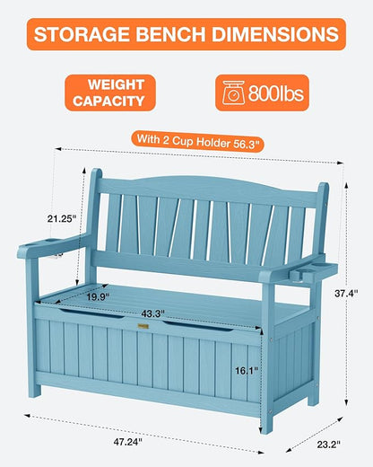 YEFU Outdoor Storage Bench for Patio: Heavy Duty Garden Bench Set of 2 with 96° High Backrest & Oversized Seating - HIPS Weatherproof Patio Bench with Storage for Porch Park Backyard, Blue