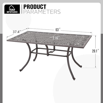 MFSTUDIO Cast Aluminum Patio Dining Table, Rectangular Outdoor Dining Table for 6, Patio Table with 2.16’’ Umbrella Hole, 63’’ Retro Design Metal Aluminum Table
