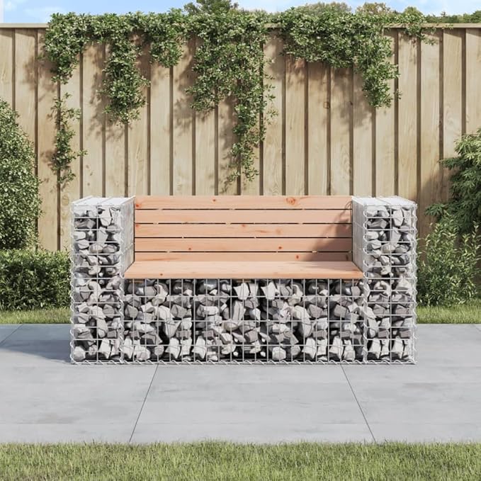 Solid Douglas Wood Gabion Garden Bench 56.3 Inch Outdoor Bench for Patios Decks Backyards Rustic Brown Rectangular Seating