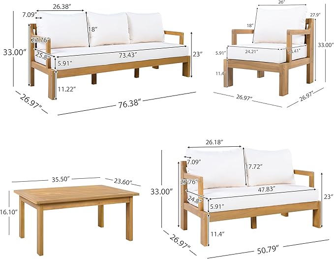 5 Piece Acacia Wood Patio Furniture Set with Coffee Table, 2 Loveseat and 2 Chairs - Photo 2