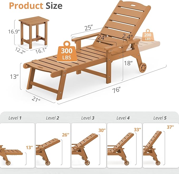 LUE BONA Chaise Lounge Chair with Table, 2-Piece, HDPS Chaise Lounger, 5 Positions Adjustable Lounge Chairs - Photo 2
