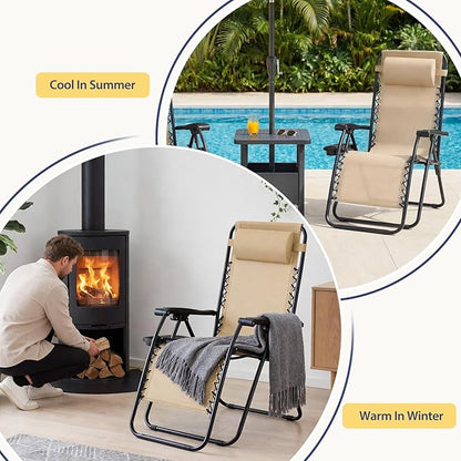 Sweetcrispy Zero Gravity Chairs, Set of 2 Portable Recliner Beach Camping Patio Outdoor Folding Lounge Chair with Cup Holder Trays and Adjustable Pillow for Poolside, Garden, Backyard, Lawn (Khaki)