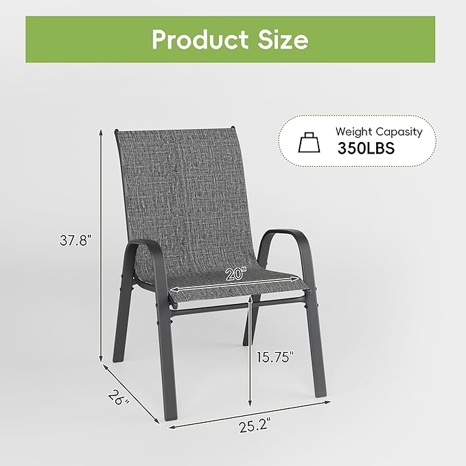 Patio Chairs, Stackable Outdoor Dining Chairs for All Weather, Metal Modern Outside Furniture Chair for Pool Side, Garden, Backyard Deck, Set of 4, Dark Grey
