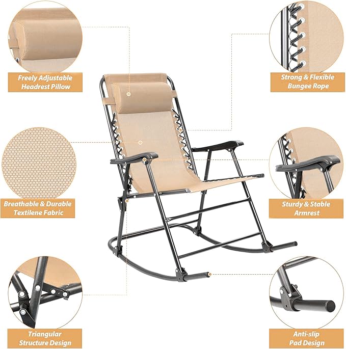 Devoko Patio Rocking Zero Gravity Chair Outdoor Wide Recliner Chair for Lawn Beach Camping Poolside with Headrest Pillow (Beige)