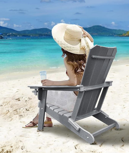 Adirondack Chair Oversized Folding Adirondack Chairs Recyclable HDPE Modern Adirondack Chair with Cup Holder Poly Lumber Patio Chairs for Pool Patio Garden Outdoors Fire Pit Grey