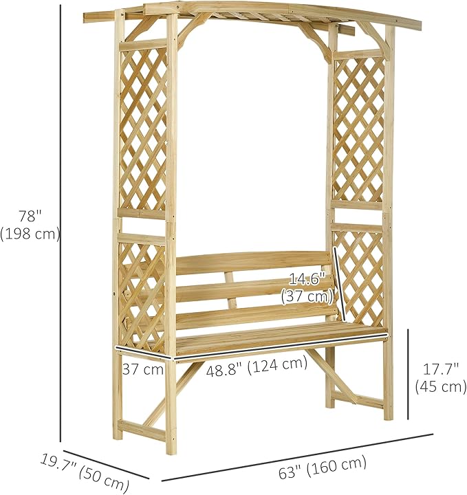 Outsunny Patio Garden Bench Arbor Arch with Pergola and 2 Trellises, 3 Seat Natural Wooden Outdoor Bench for Grape Vines & Climbing Plants, Backyard Decor, Natural