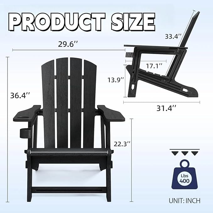 FONTOI Adirondack Chair, Plastic Adirondack Chair with Cup Holder, Outdoor Weather Resistant Lawn Furniture, 400 LBS Capacity Recliner, Garden Backyard Patio Without Screws Install,Set of 2 Black