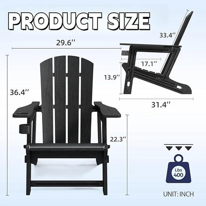 FONTOI Adirondack Chair, Plastic Adirondack Chair with Cup Holder, Outdoor Weather Resistant Lawn Furniture, 400 LBS Capacity Recliner, Garden Backyard Patio Without Screws Install,Set of 2 Black