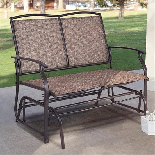 Pemberly Row Patio Glider Rocking Bench, Durable Metal Frame, Ergonomic Design, Brown Finish, Double 2-Person Outdoor Seating, Smooth Gliding Motion, Comfortable Garden or Patio Bench