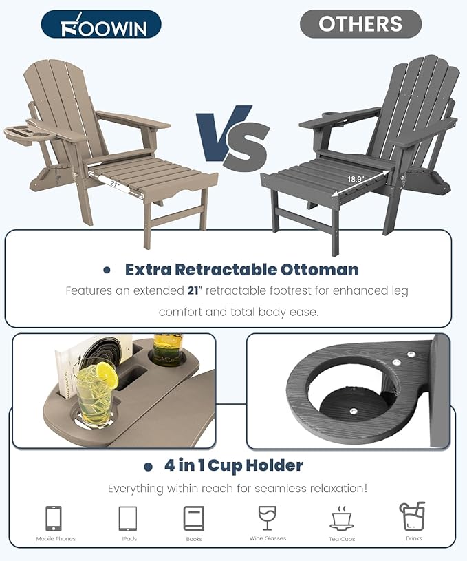 FOOWIN Folding Adjustable Adirondack Chair with Retractable Ottoman Set of 2, HDPE Adirondack Chair w/4 in 1 Cup Holder Trays,All-Weather Resistant Fire Pit Chair for Outdoor Patio Lawn, Brown