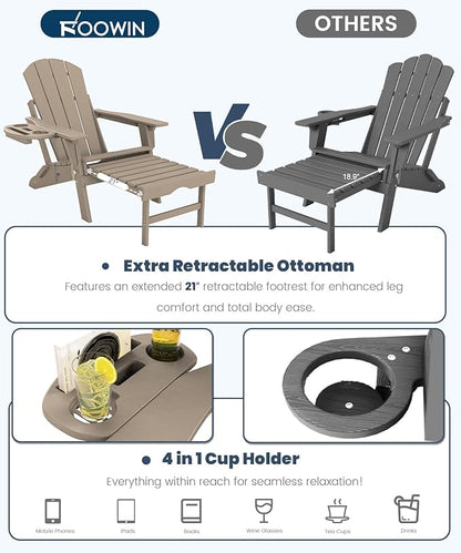 FOOWIN Folding Adjustable Adirondack Chair with Retractable Ottoman, HDPE Adirondack Chair w/4 in 1 Cup Holder Trays,All-Weather Resistant Fire Pit Chair for Outdoor Patio Lawn, Brown