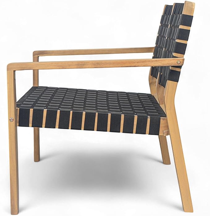 Merax Patio Furniture Acacia Wood Bench, Woven Rope Outdoor Loveseat Sofa, 2-Person Deep Seating Porch Bench for Garden, Backyard Park Balcony, Light Teak Finish & Black