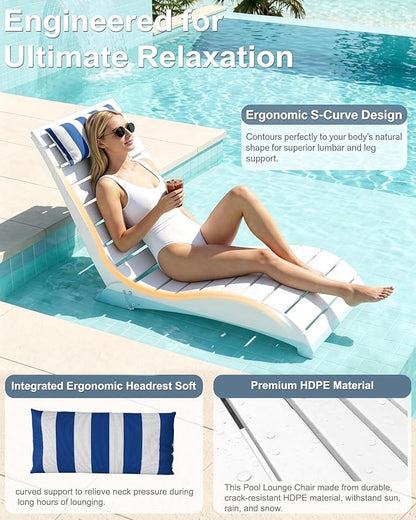Pool Lounge Chairs, HDPE Adjustable Chaise Chairs with Headrest, Weighted Fade-Resistant Pool Chairs and Lounger for Baja Ledge，Poolside and Deck, White