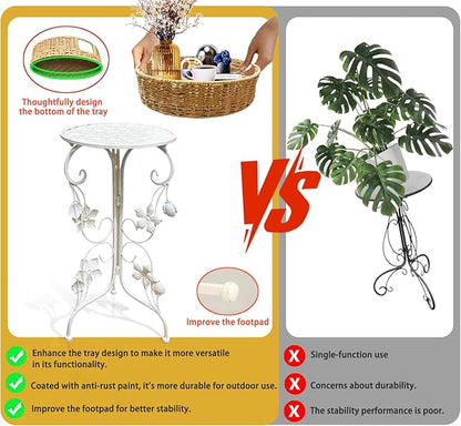 Outdoor Metal Patio Folding Side Table with Removable Wicker Tray, Boho Woven Rattan Plant Stand, Small Round Coffee end Table (Seagrass, White)