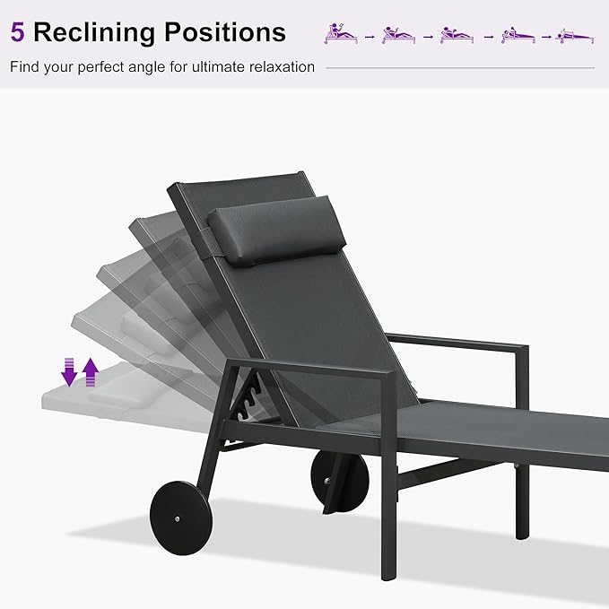 PURPLE LEAF Patio Lounge Chair Set Outdoor Chaise Lounger Aluminum Frame with Armrest 2 Side Table and Wheels for Pool Outside Sunbathing Tanning Recliner Including Pillows Gray