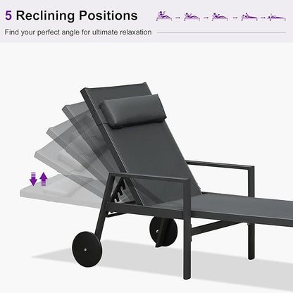 PURPLE LEAF Patio Lounge Chair Set Outdoor Chaise Lounger Aluminum Frame with Armrest 2 Side Table and Wheels for Pool Outside Sunbathing Tanning Recliner Including Pillows Gray
