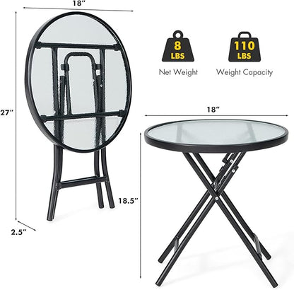 Giantex Folding Side Table, Round Small Patio Table, Tempered Glass Tabletop, Steel Frame, Weather-Resistant Outdoor Indoor Use for Bistro Porch Garden Balcony (Classic Round, 18"x18"x18.5")