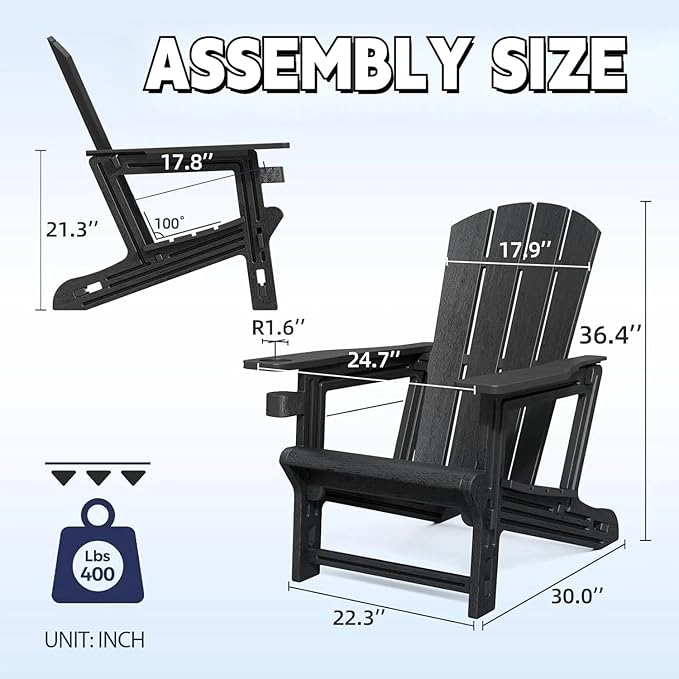 FONTOI Adirondack Chair, Plastic Adirondack Chair with Cup Holder, Outdoor Weather Resistant Lawn Furniture, 400 LBS Capacity Recliner, Garden Backyard Patio Without Screws Install,Set of 2 Black