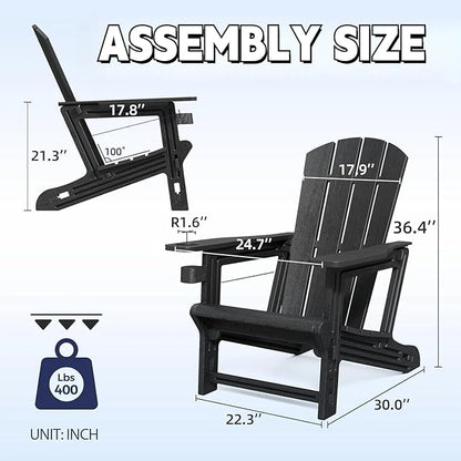 FONTOI Adirondack Chair, Plastic Adirondack Chair with Cup Holder, Outdoor Weather Resistant Lawn Furniture, 400 LBS Capacity Recliner, Garden Backyard Patio Without Screws Install,Set of 2 Black