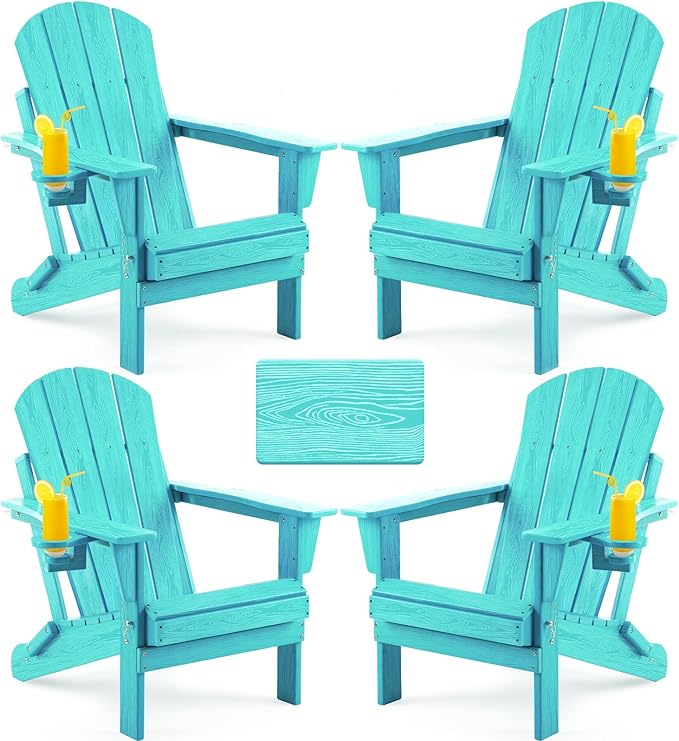 Folding Adirondack Chair, Patio Chair Wood Texture, Outdoor Chair Weather Resistant, Fire Pit Chair with Cup Holder, Composite Adirondack Chair Set of 4(Lakeblue)